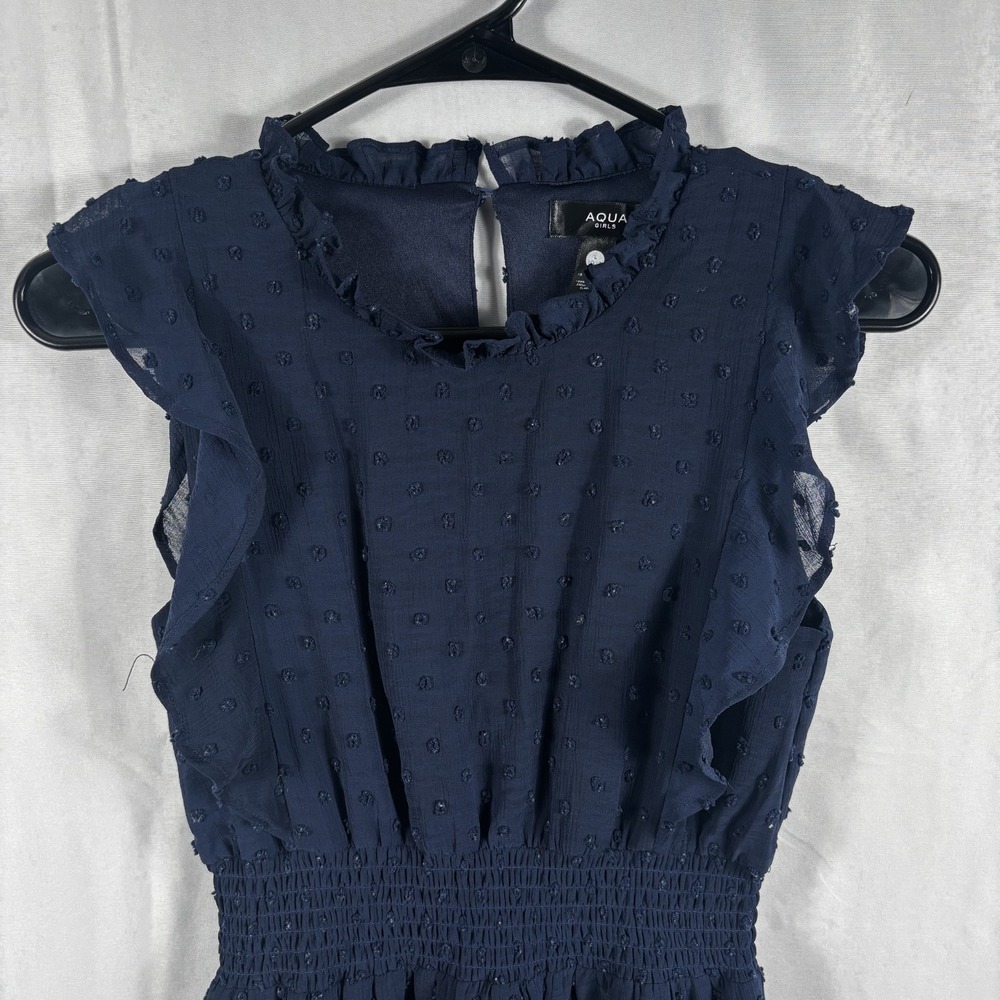 AQUA Girls Navy Clip Dot Smocked Waist Ruffle Midi Dress